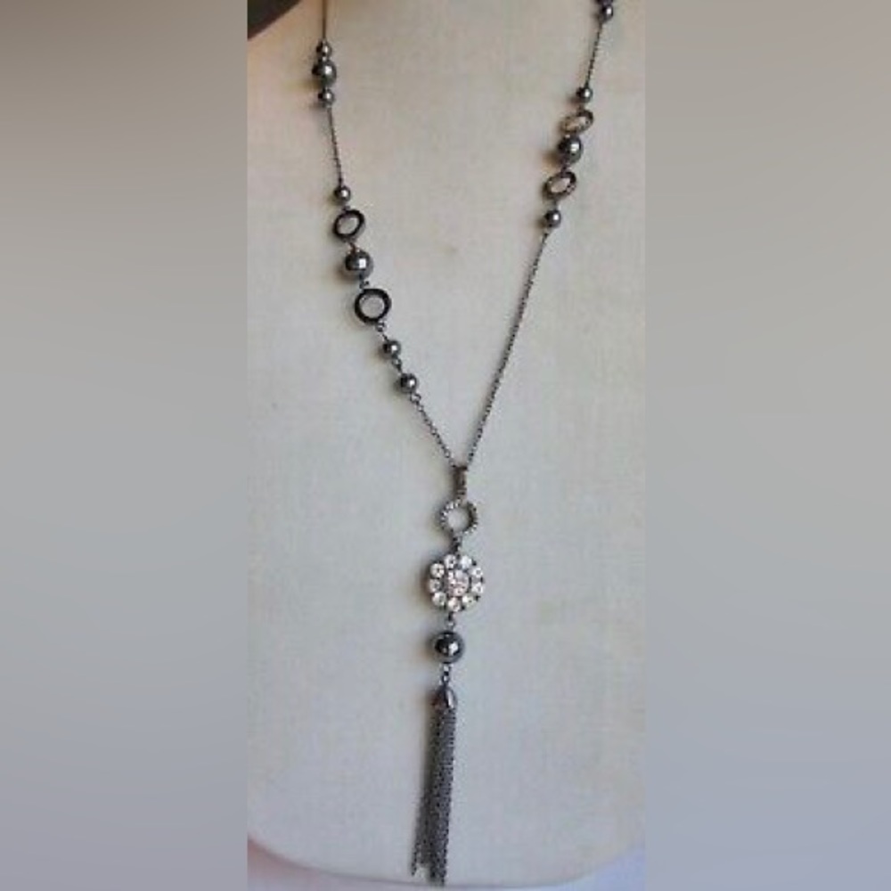 Lia Sophia Gunmetal Chain Necklace with Tassel Pendant